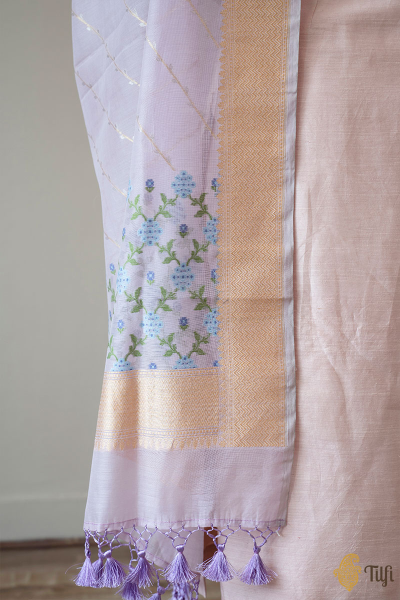 Light Lavender Pure Kora Silk by Cotton Banarasi Handloom Dupatta