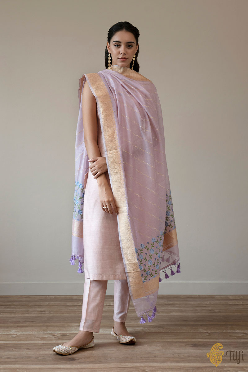 Light Lavender Pure Kora Silk by Cotton Banarasi Handloom Dupatta