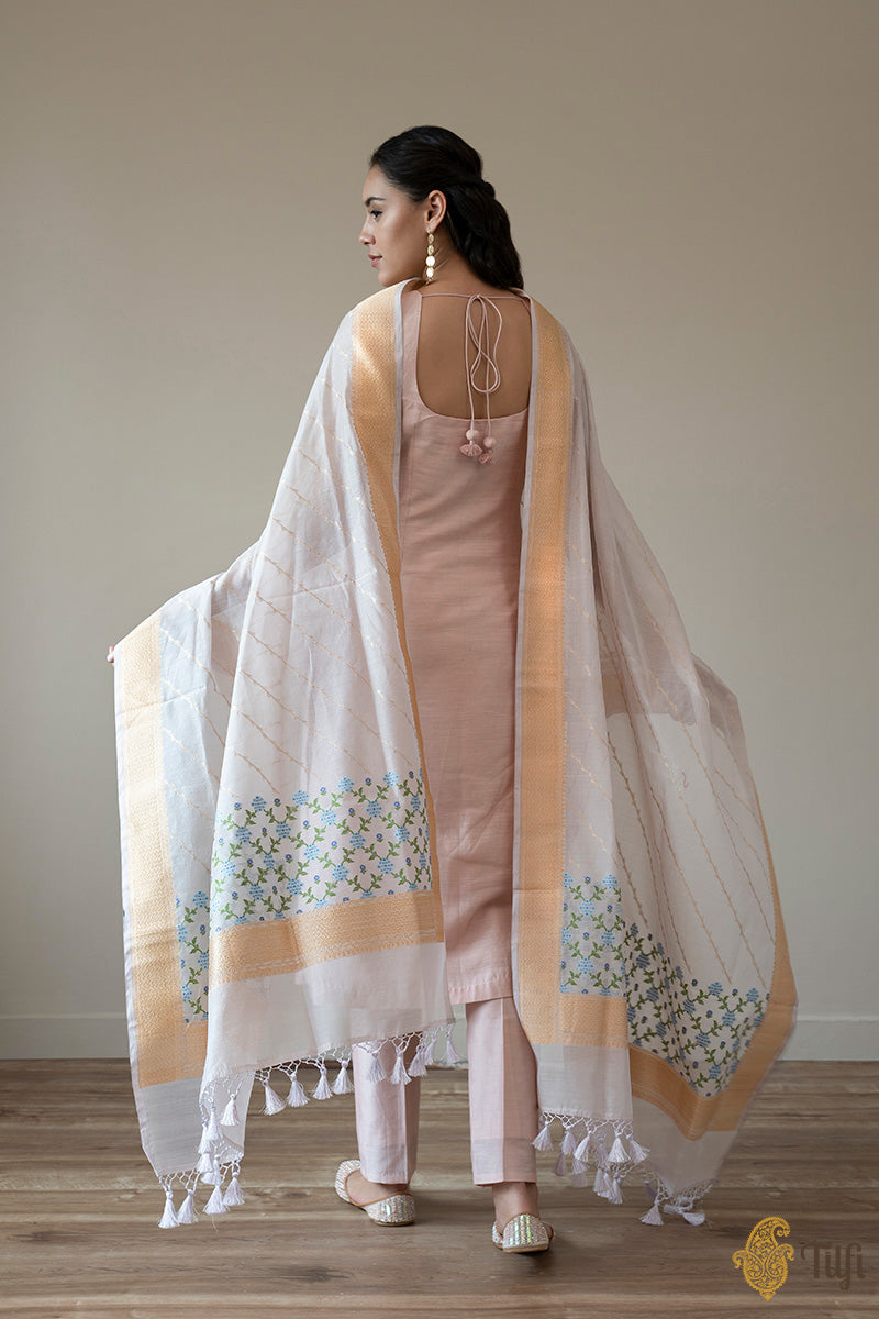 Off-White Pure Kora Silk by Cotton Banarasi Handloom Dupatta