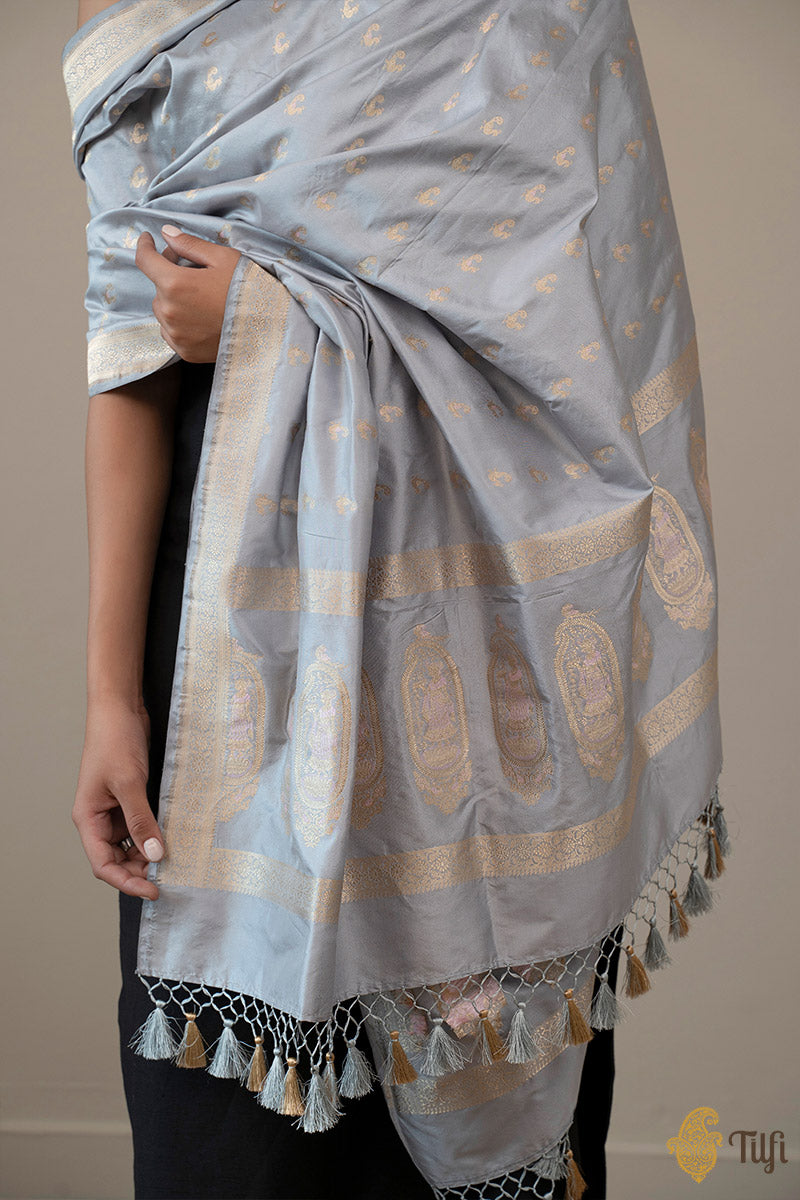 Gray Pure Katan Silk Banarasi Handloom Dupatta