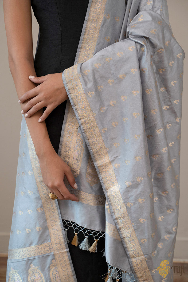 Gray Pure Katan Silk Banarasi Handloom Dupatta