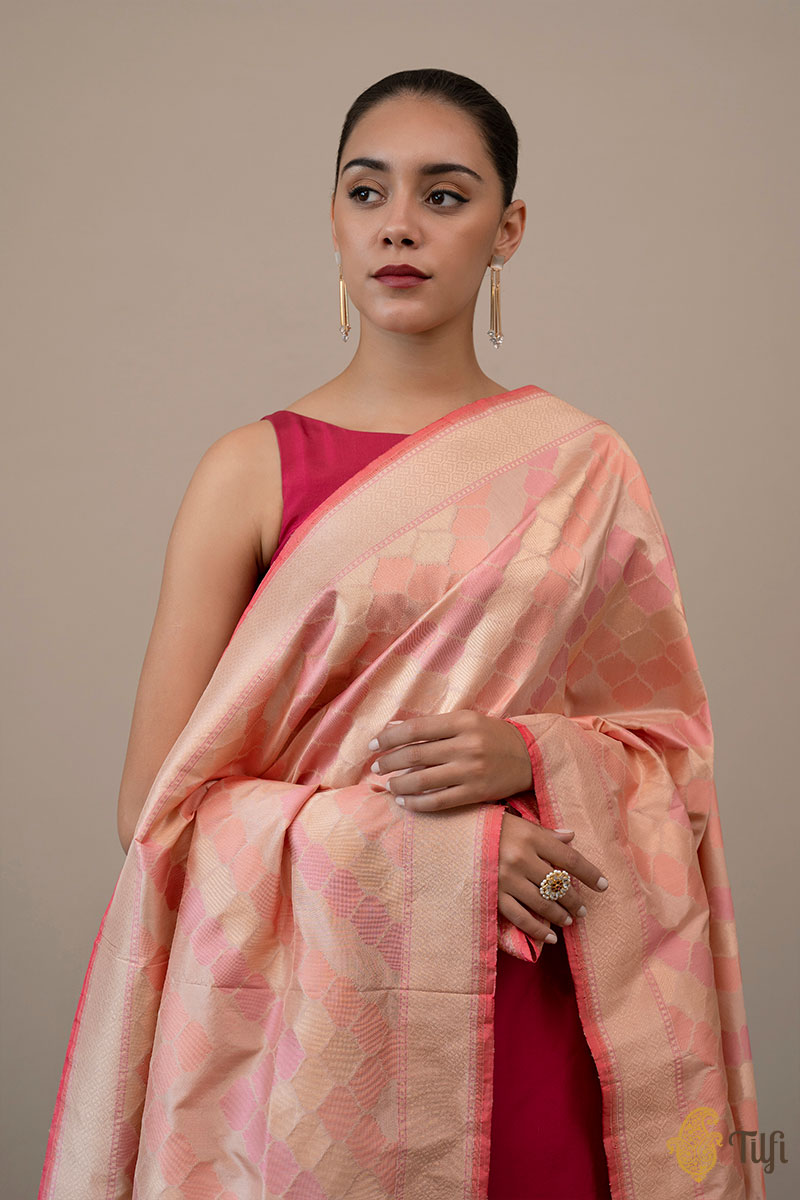 Light Old Rose Pink Pure Katan Silk Banarasi Handloom Dupatta