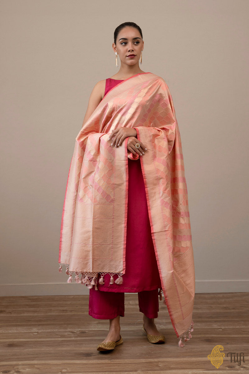 Light Old Rose Pink Pure Katan Silk Banarasi Handloom Dupatta