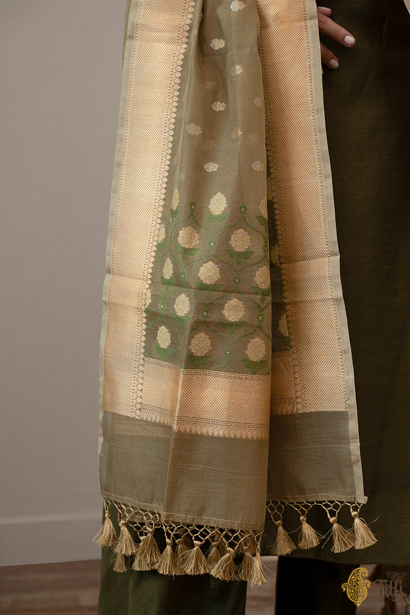 Olive Green Pure Kora Silk by Cotton Banarasi Handloom Dupatta