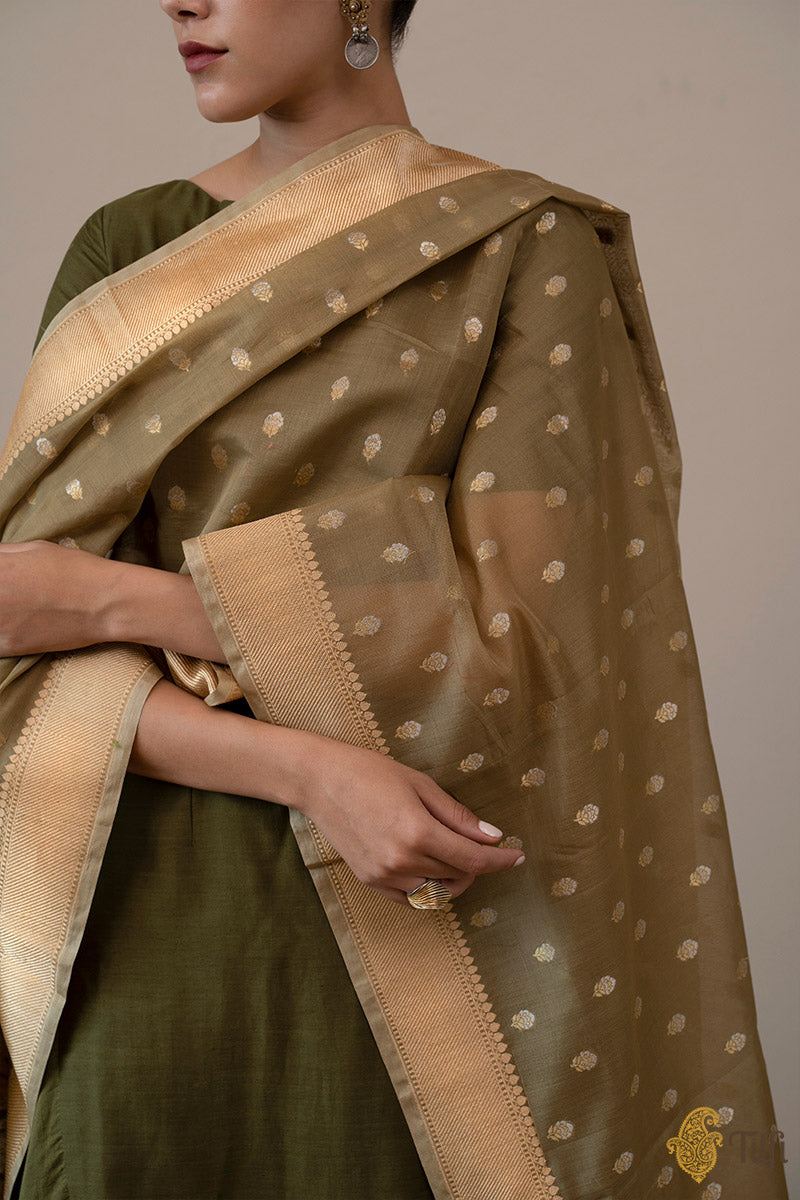 Olive Green Pure Kora Silk by Cotton Banarasi Handloom Dupatta