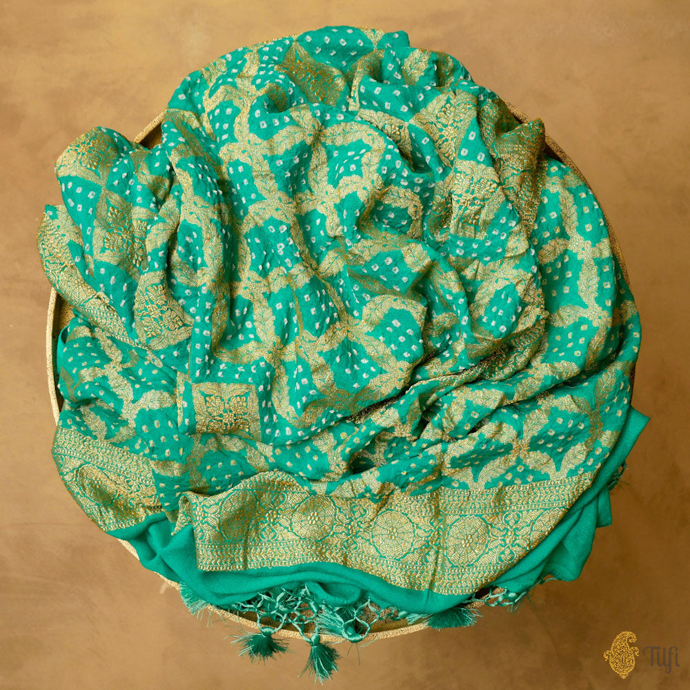 Turquoise Pure Georgette Banarasi Handloom Bandhani Dupatta