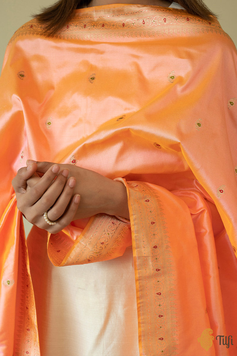 Yellow-Peach Pure Katan Silk Banarasi Handloom Dupatta