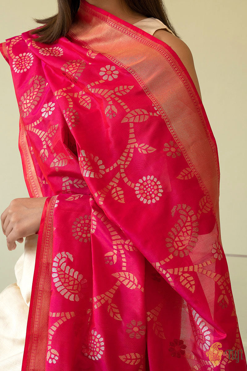 Red-Rani Pink Pure Katan Silk Georgette Banarasi Handloom Dupatta