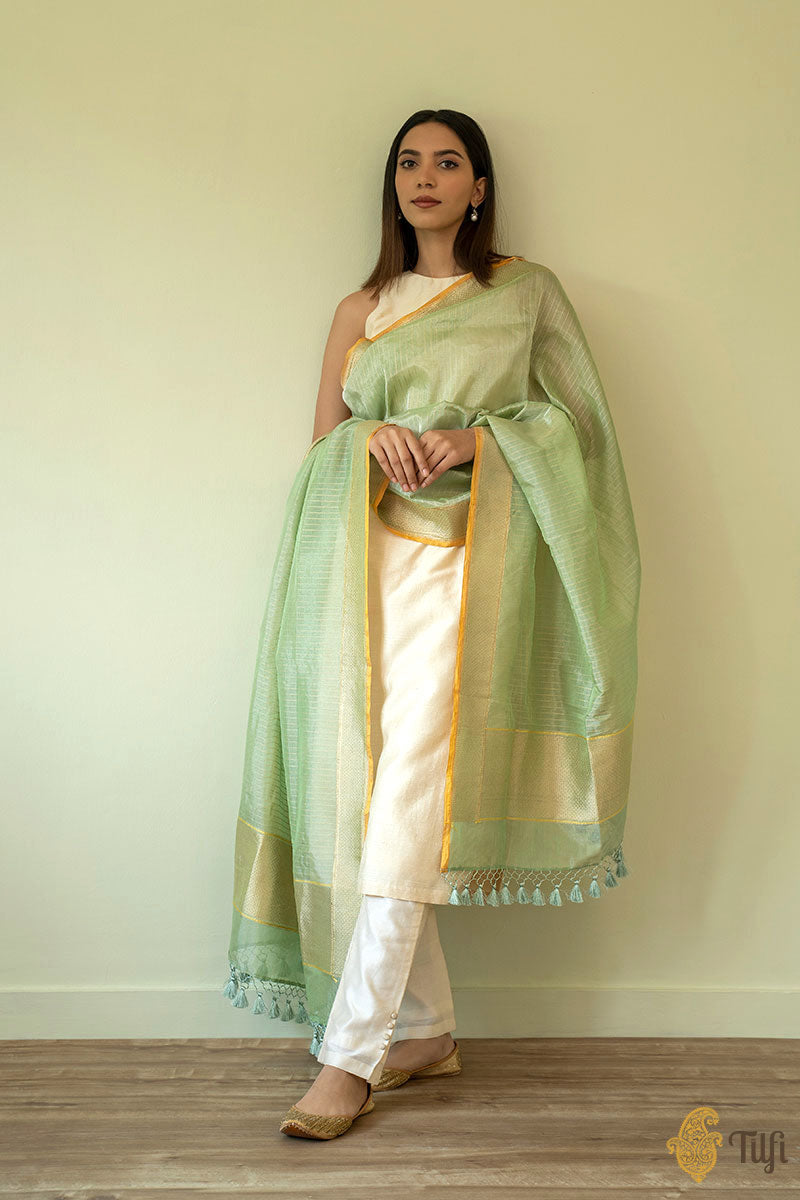 Sea Green Pure Cotton Silk Tissue Banarasi Handloom Dupatta