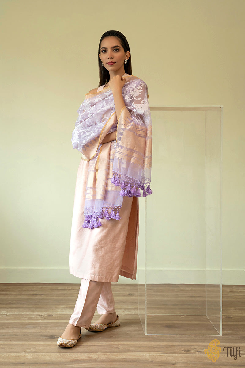 Lilac Pure Kora Silk Net Banarasi Handloom Dupatta
