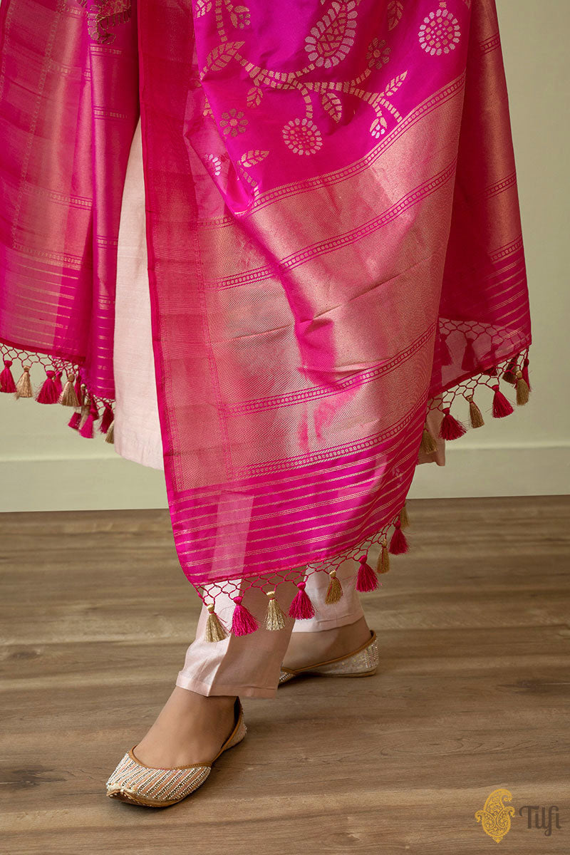 Rani Pink Pure Katan Silk Georgette Banarasi Handloom Dupatta