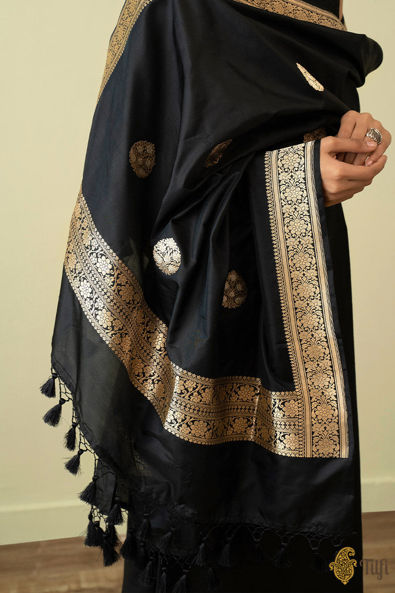 Black Pure Katan Silk Ektara Banarasi Handloom Dupatta