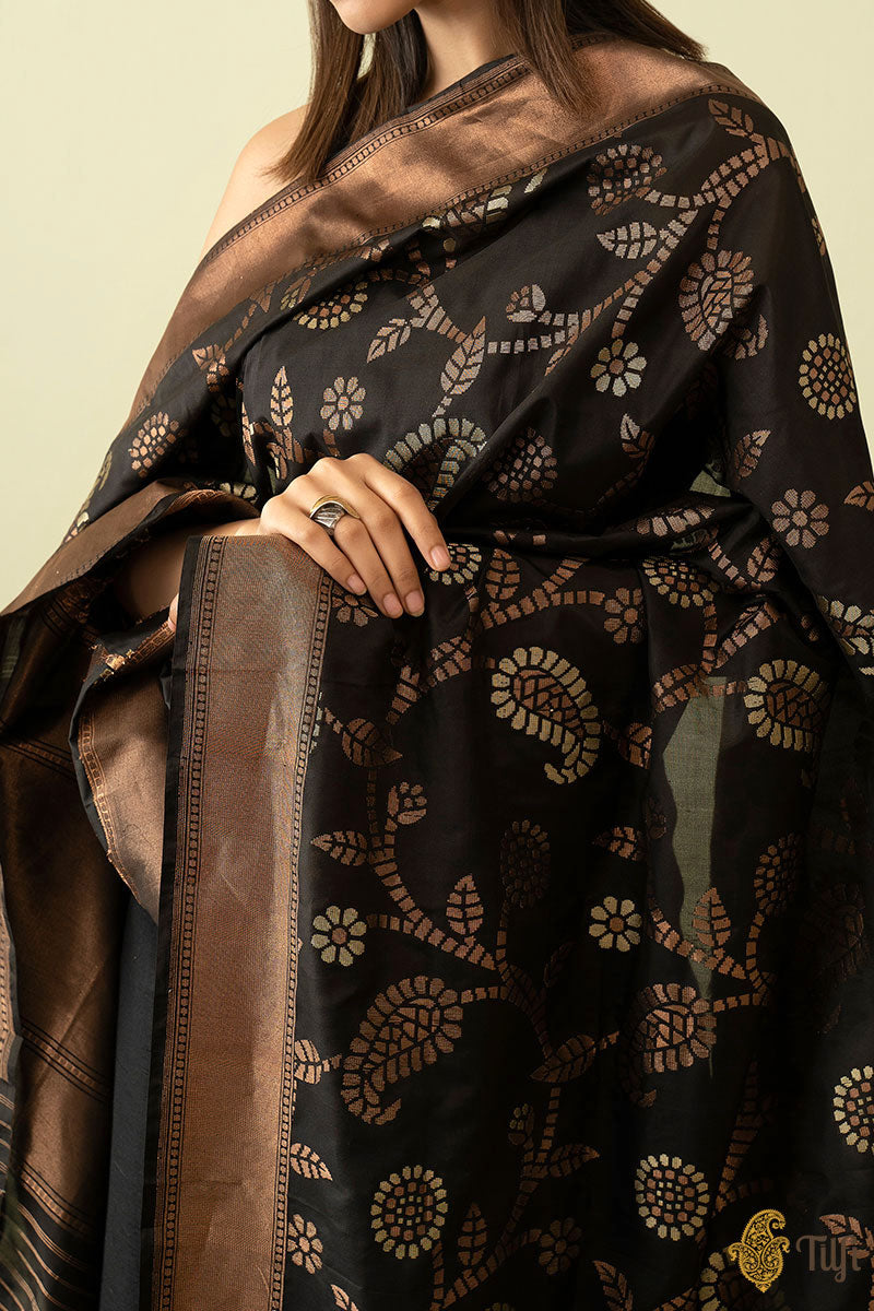 Black Pure Katan Silk Georgette Banarasi Handloom Dupatta