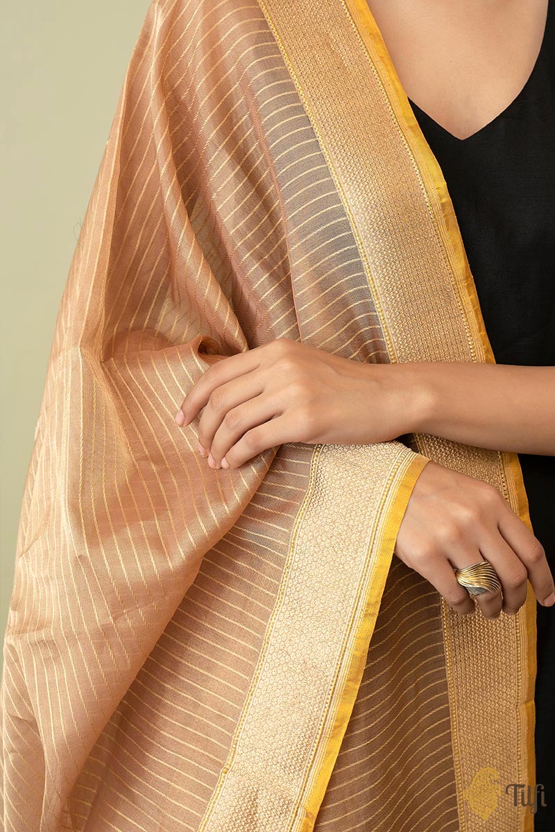 Light Copper Gold Pure Cotton Silk Tissue Banarasi Handloom Dupatta