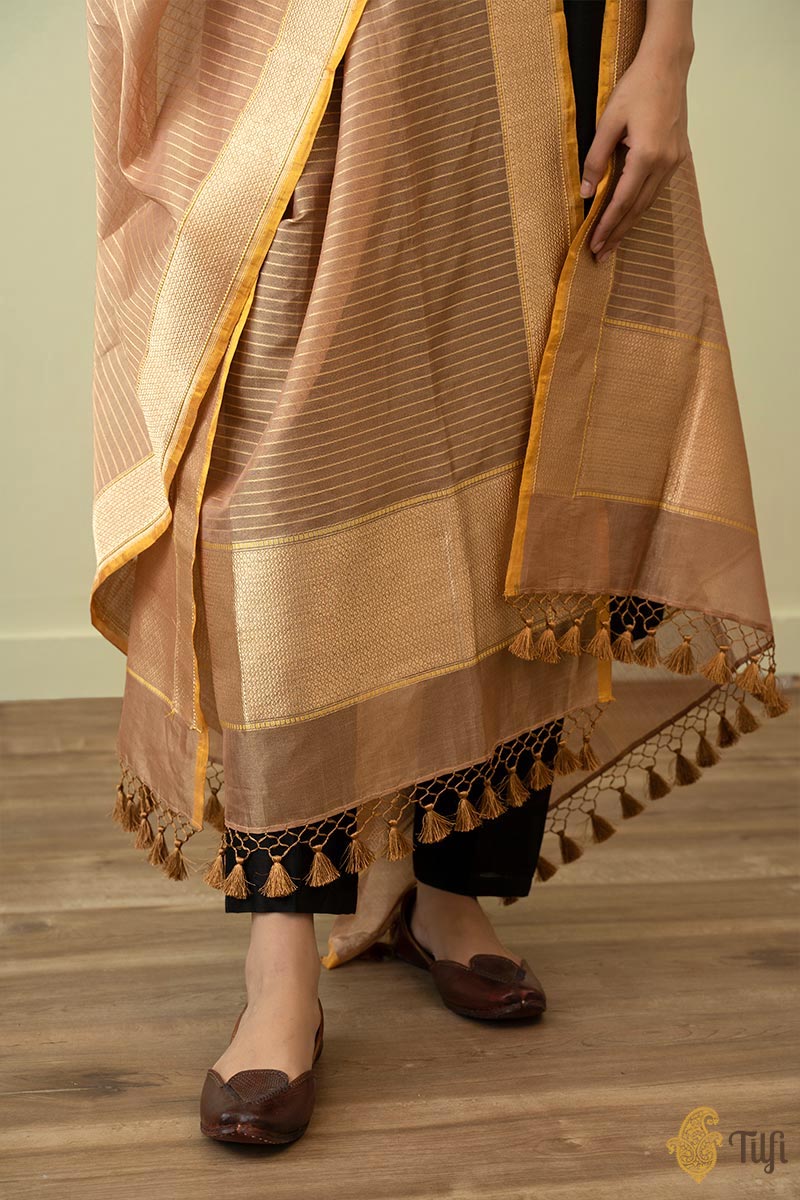 Light Copper Gold Pure Cotton Silk Tissue Banarasi Handloom Dupatta