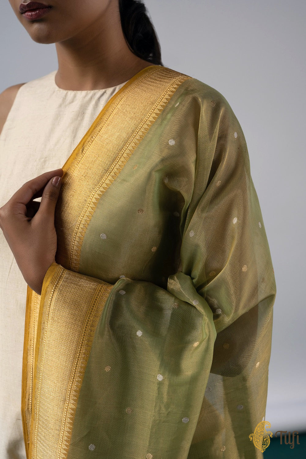 Green Pure Cotton Silk Tissue Banarasi Handloom Dupatta