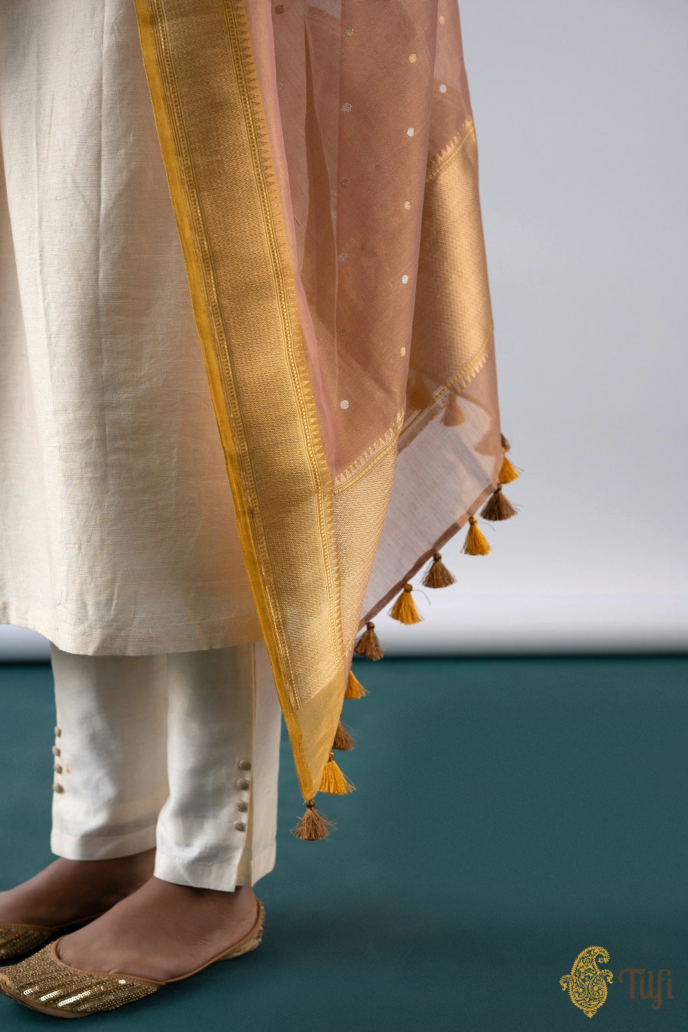 Copper Gold Pure Cotton Silk Tissue Banarasi Handloom Dupatta
