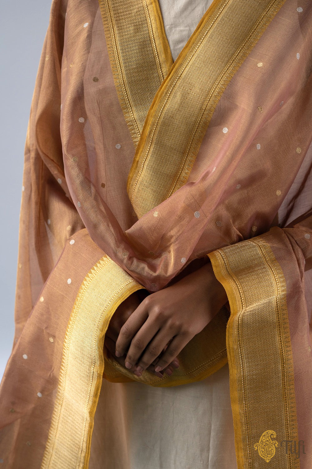 Copper Gold Pure Cotton Silk Tissue Banarasi Handloom Dupatta