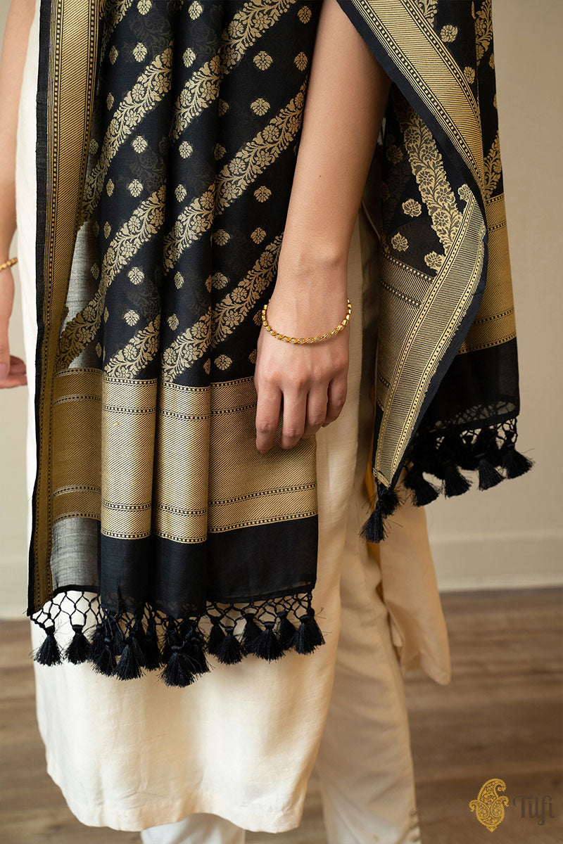 Black Pure Silk by Cotton Banarasi Handloom Dupatta