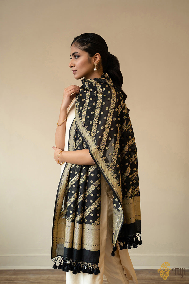 Black Pure Silk by Cotton Banarasi Handloom Dupatta
