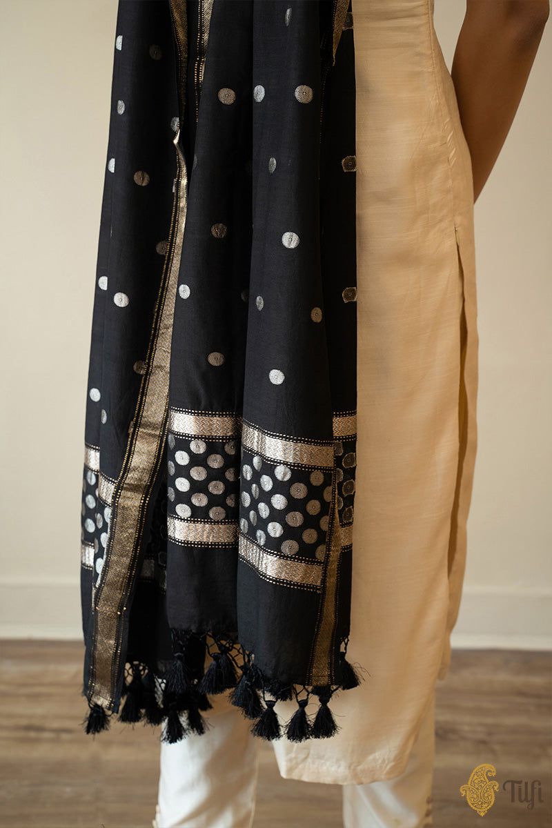 Black Pure Katan Silk by Cotton Banarasi Handloom Dupatta