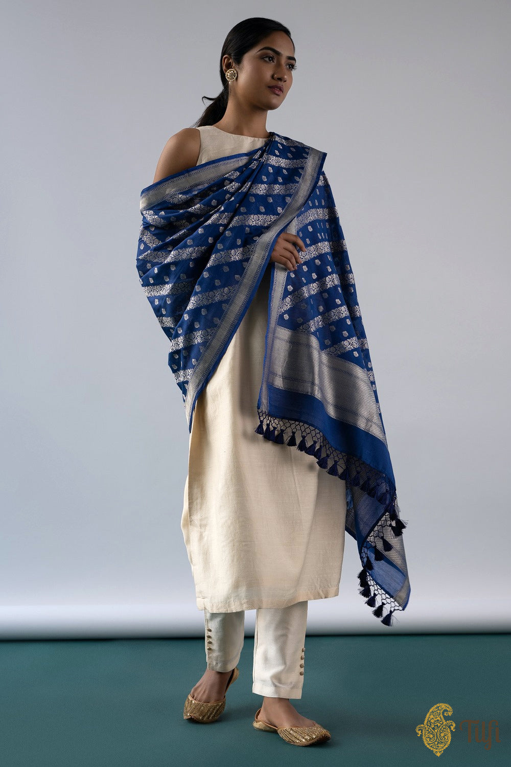 Blue Pure Katan Silk by Cotton Banarasi Handloom Dupatta
