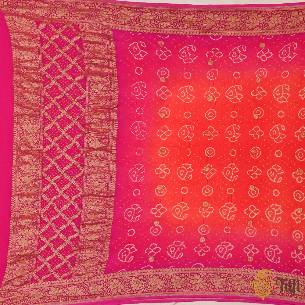 Orange-Rani Pink Pure Georgette Banarasi Handloom Bandhani Dupatta