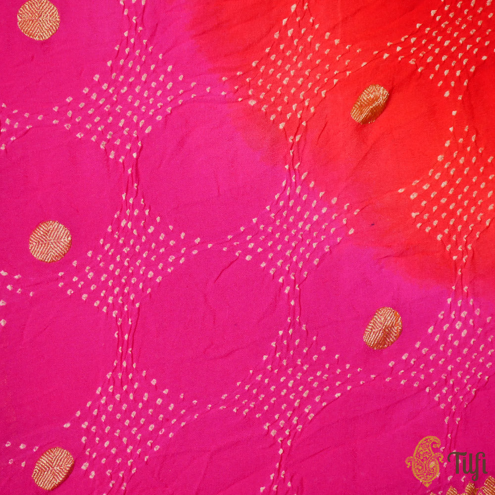 Red-Rani Pink Pure Georgette Banarasi Handloom Bandhani Dupatta