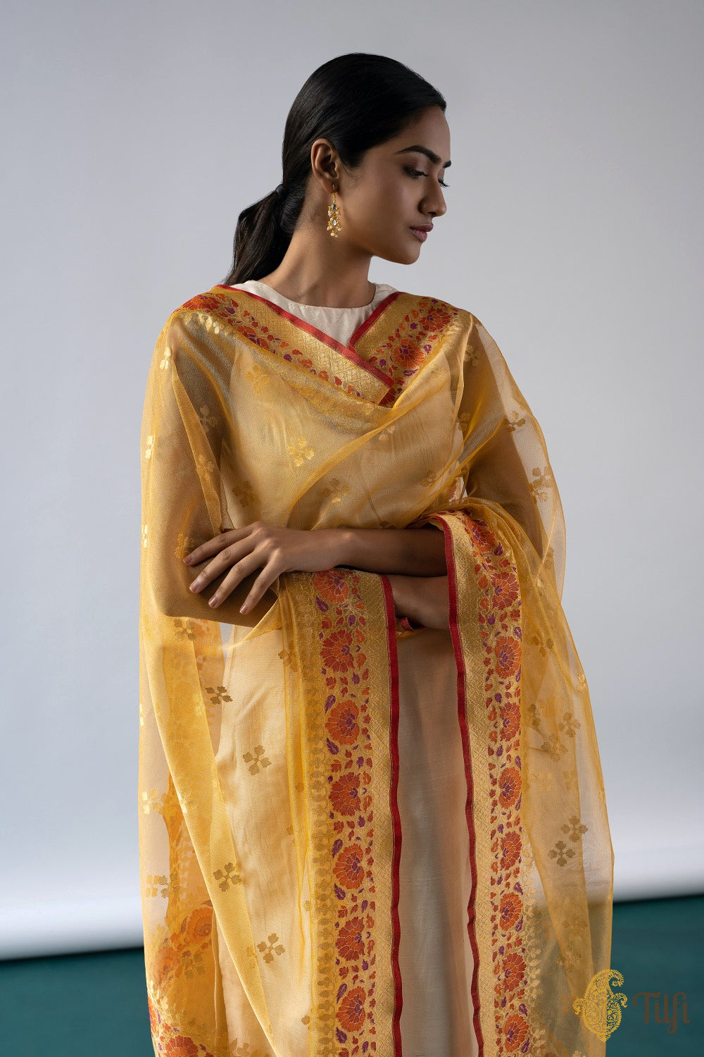 Yellow Pure Kora Net Tissue Banarasi Handloom Dupatta