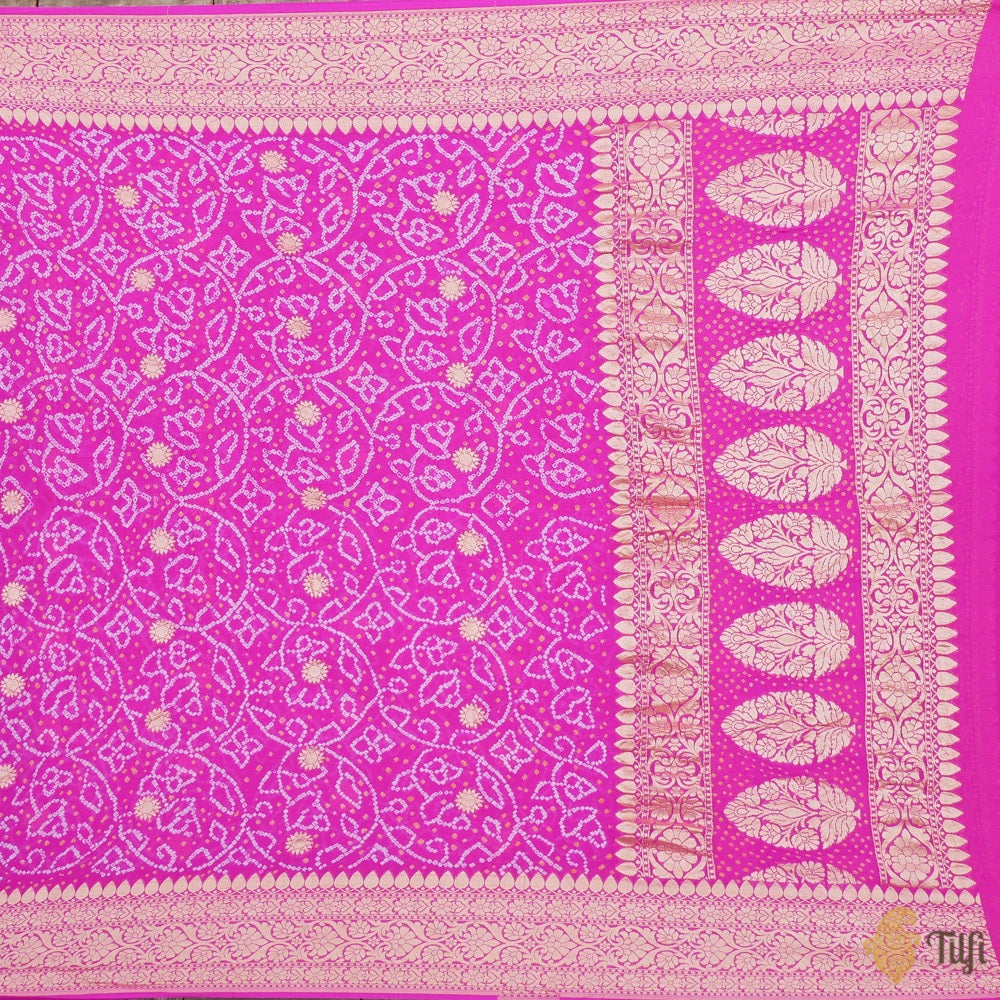 Fuchsia Pink Pure Georgette Banarasi Handloom Bandhani Dupatta