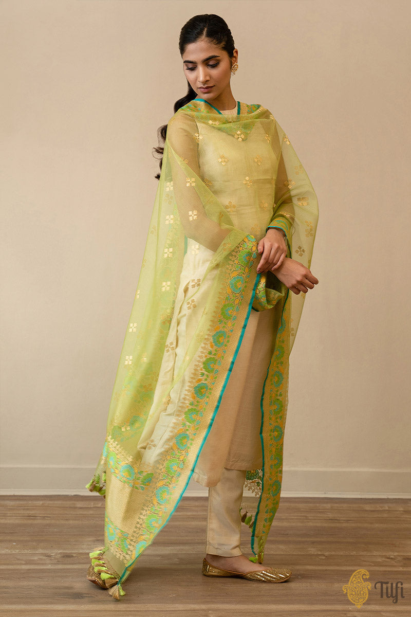 Green Pure Kora Silk Net Banarasi Handloom Dupatta