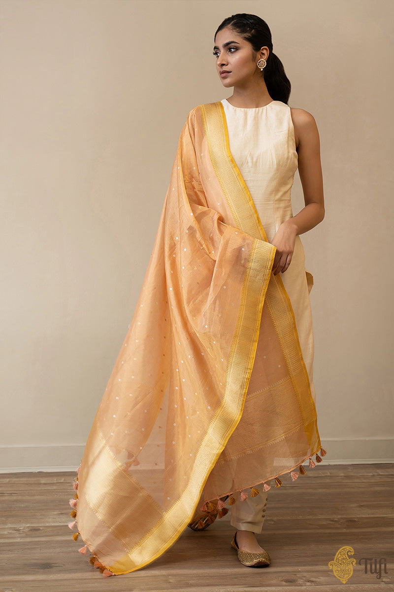 Light Peach-Gold Pure Cotton Silk Tissue Banarasi Handloom Dupatta