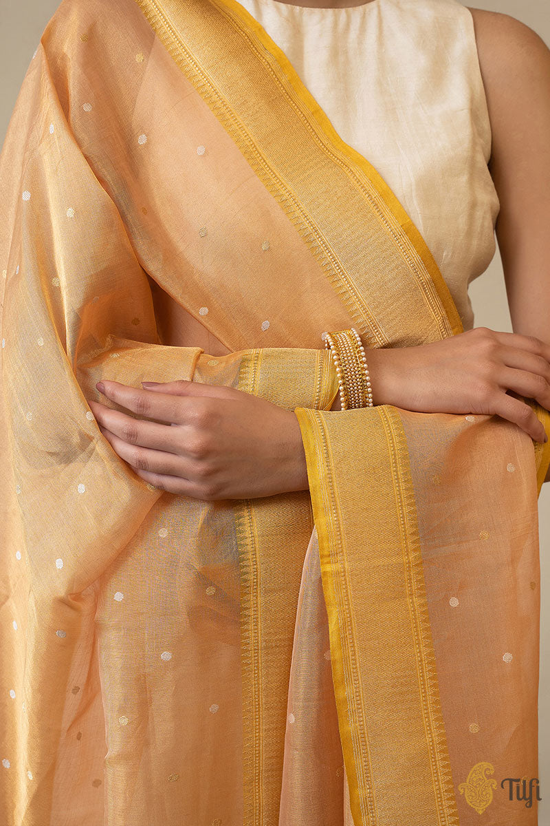 Light Peach-Gold Pure Cotton Silk Tissue Banarasi Handloom Dupatta