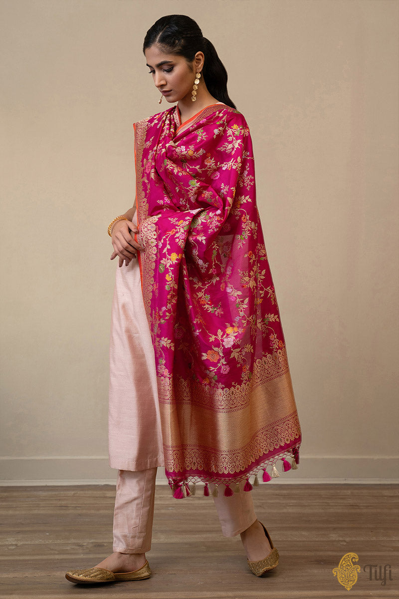 Magenta Pink Pure Katan Silk Banarasi Handloom Dupatta