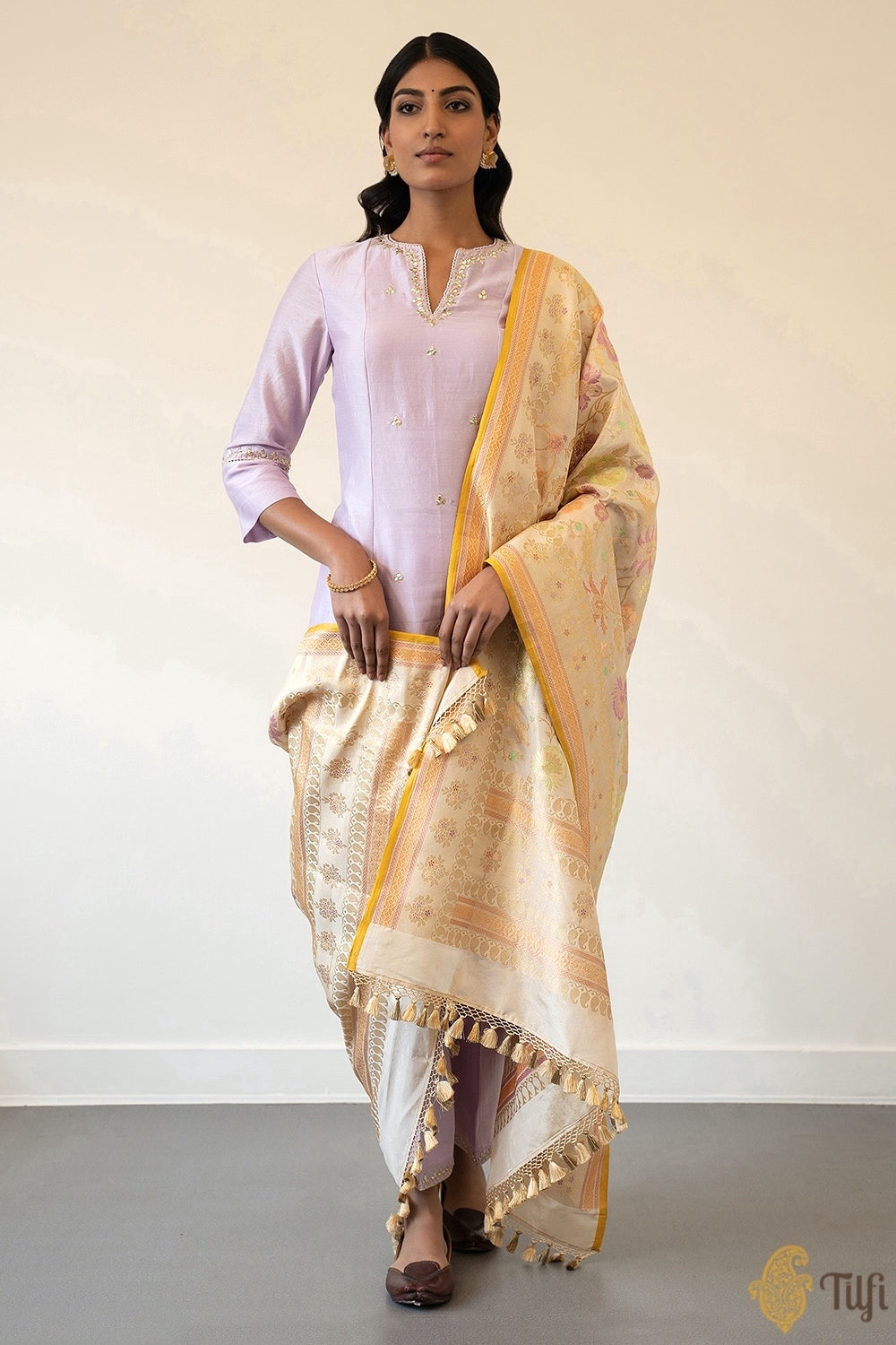 Beige Pure Katan Silk Tissue Banarasi Handloom Kadwa Jangla Dupatta