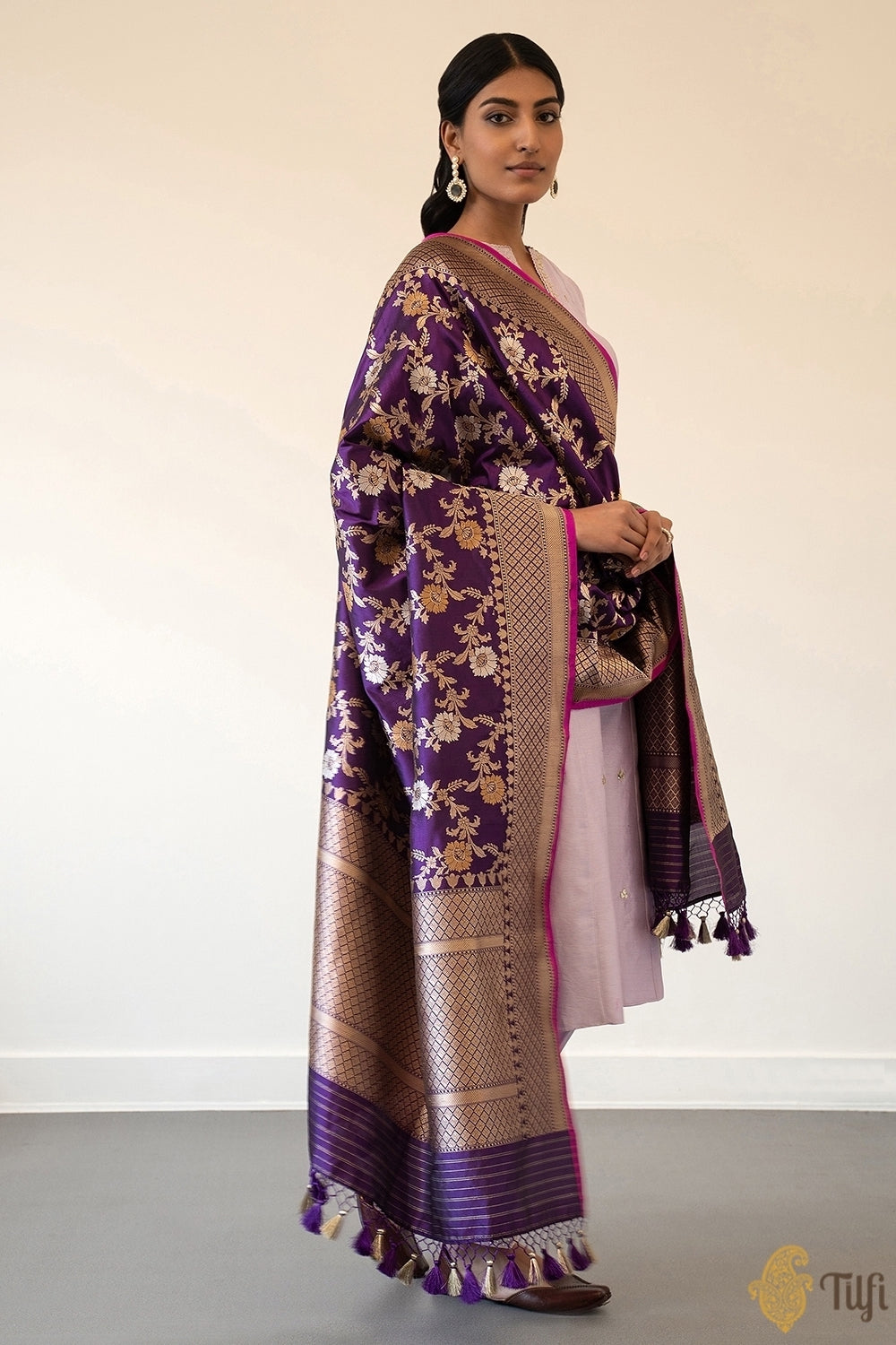Black-Purple Pure Katan Silk Banarasi Handloom Dupatta