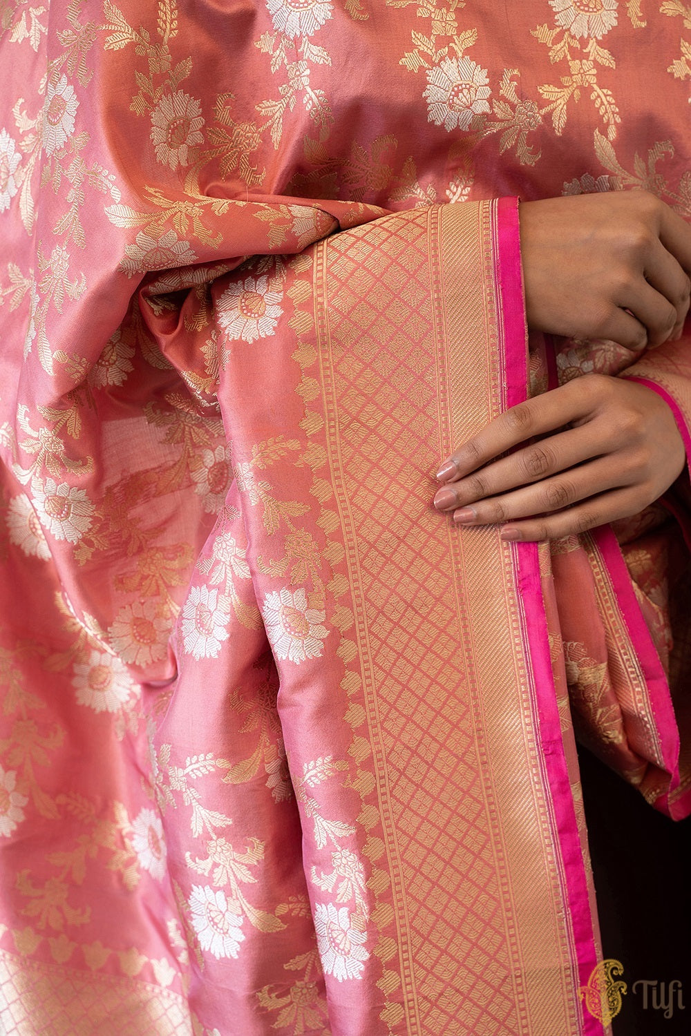 Light Coral Pink Pure Katan Silk Banarasi Handloom Dupatta