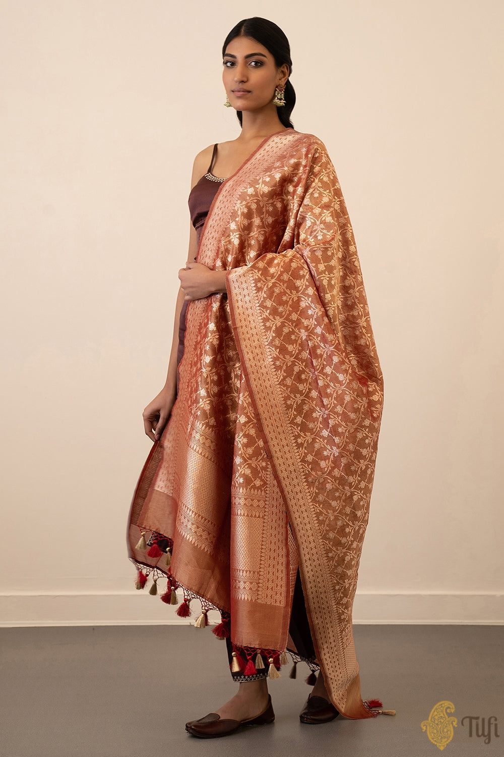 Rust-Gold Pure Katan Silk Tissue Banarasi Handloom Dupatta