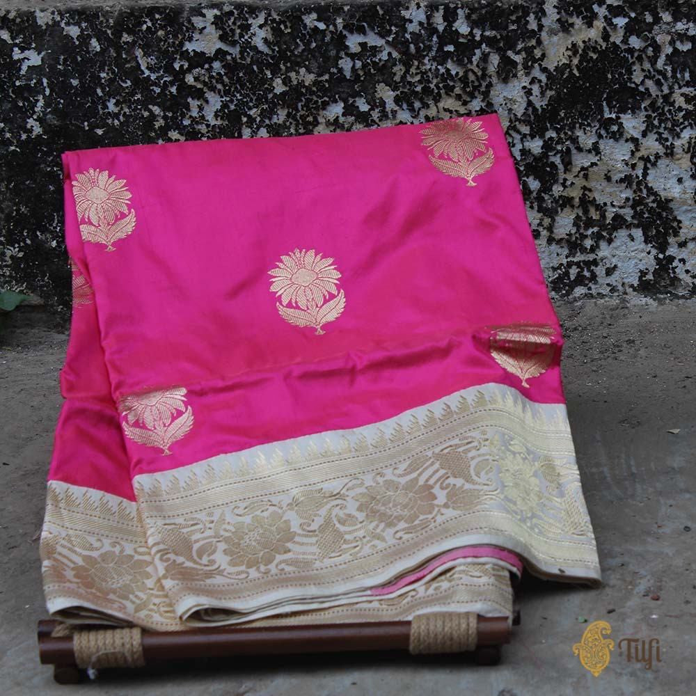 Pink-Off White Pure Katan Silk Banarasi Handloom Dupatta