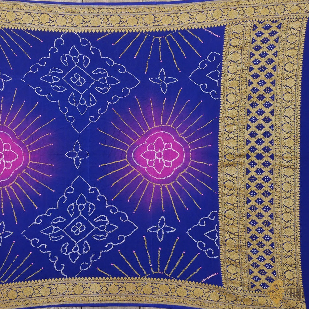 Violet Blue-Pink Pure Georgette Banarasi Handloom Bandhani Dupatta