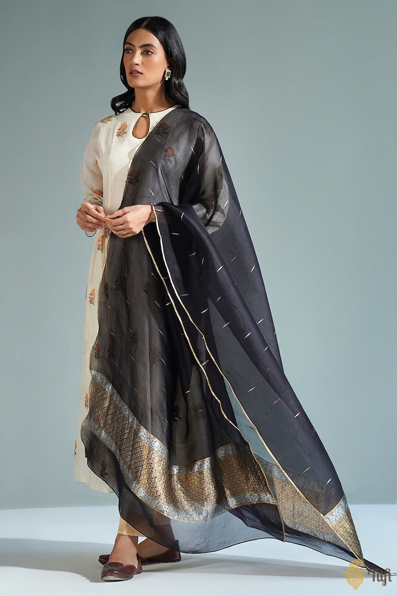 Black Pure Kora Silk Banarasi Handloom Dupatta