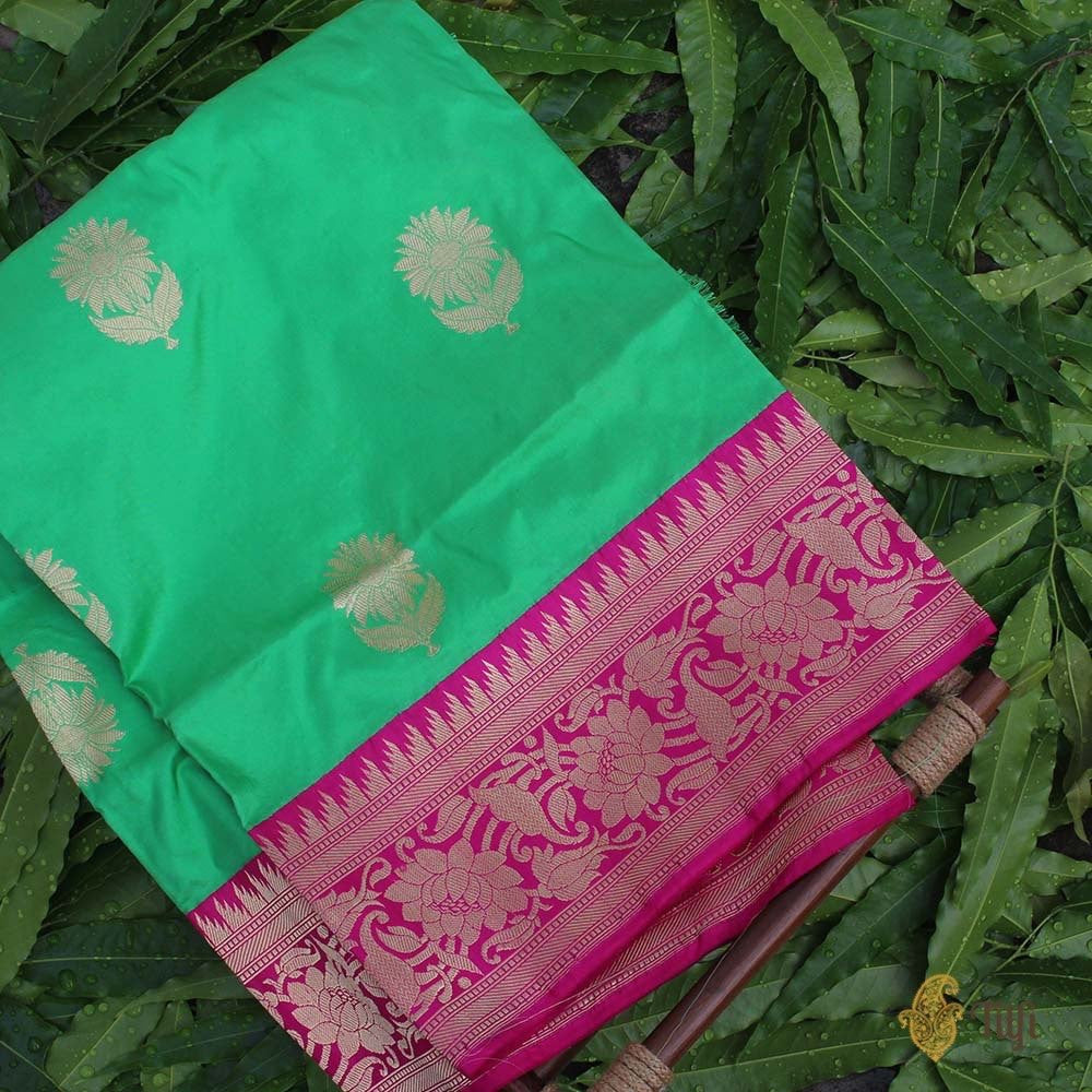 Green-Rani Pink Pure Katan Silk Banarasi Handloom Dupatta