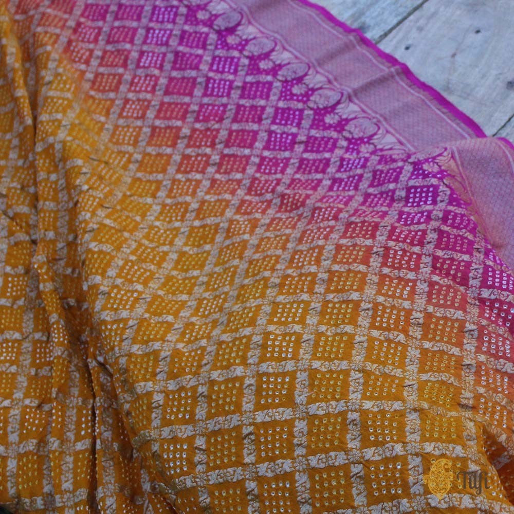 Yellow-Orange-Rani Pink Ombre Pure Chiffon Georgette Banarasi Handloom Bandhani Dupatta