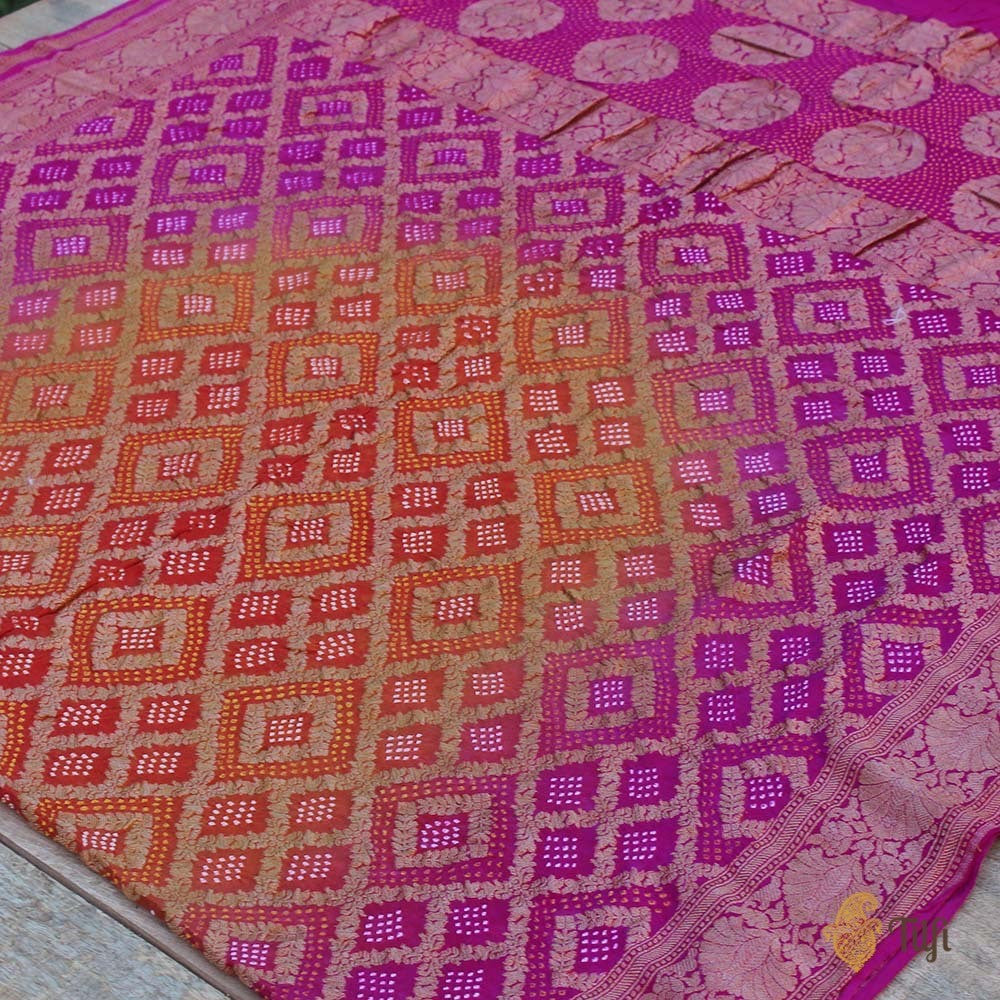 Orange-Gulabi Pink Ombre Pure Chiffon Georgette Banarasi Handloom Bandhani Dupatta