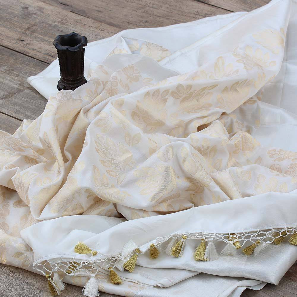 White Pure Katan Silk Banarasi Handloom Dupatta