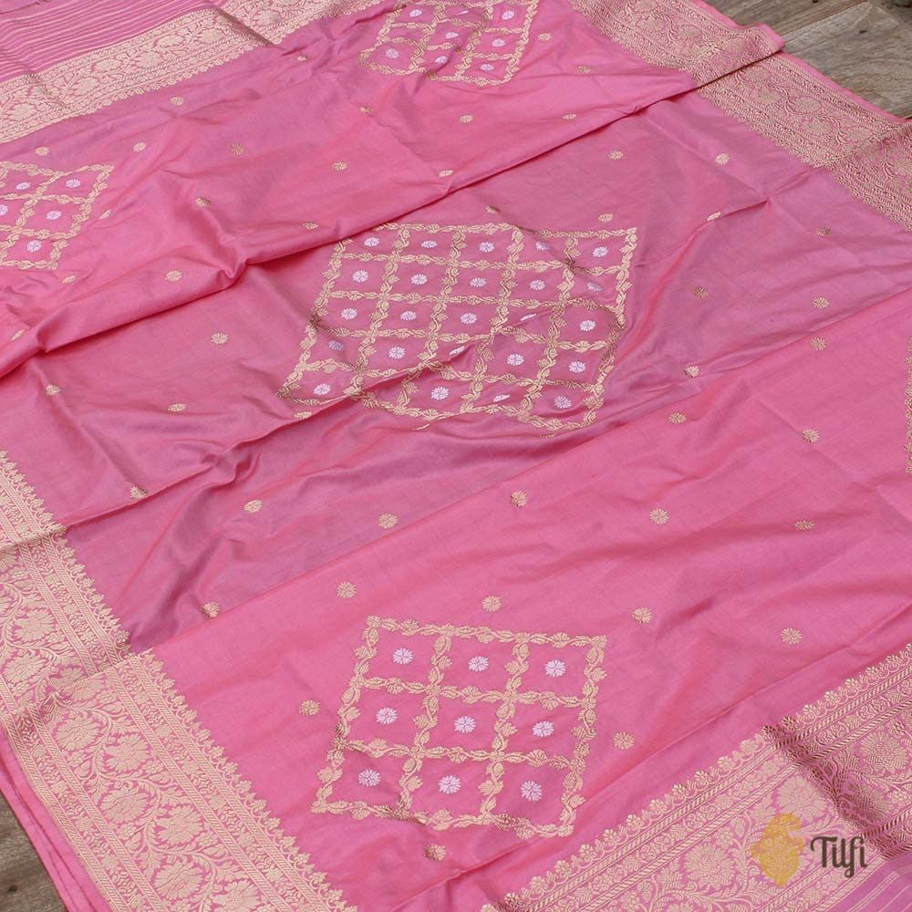 Baby Pink-Gajri Pink Pure Katan Silk Banarasi Handloom Dupatta