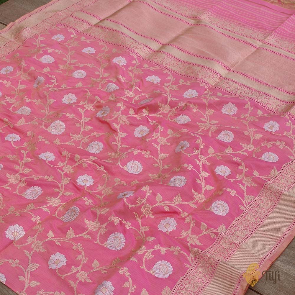 Ivory-Pink Pure Katan Silk Banarasi Kadwa Handloom Dupatta