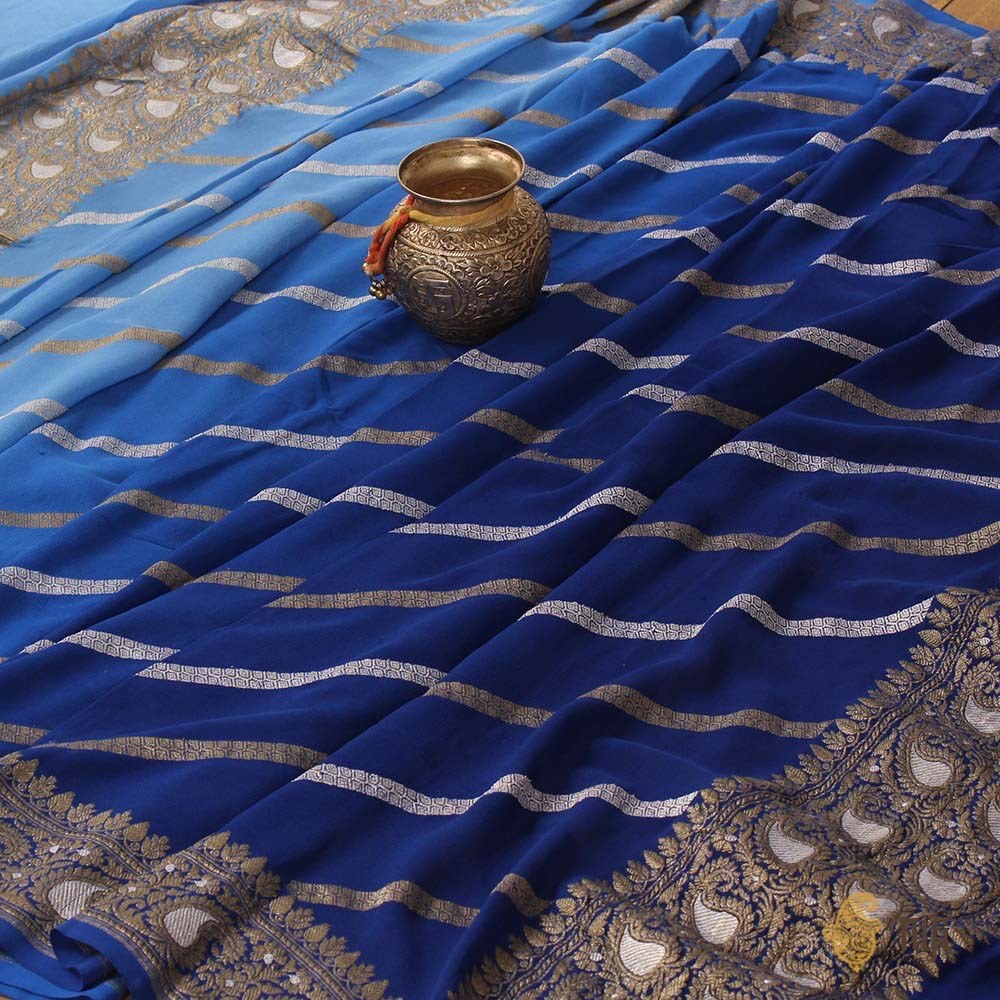 Royal Blue Ombre Pure Chiffon Georgette Banarasi Handloom Dupatta