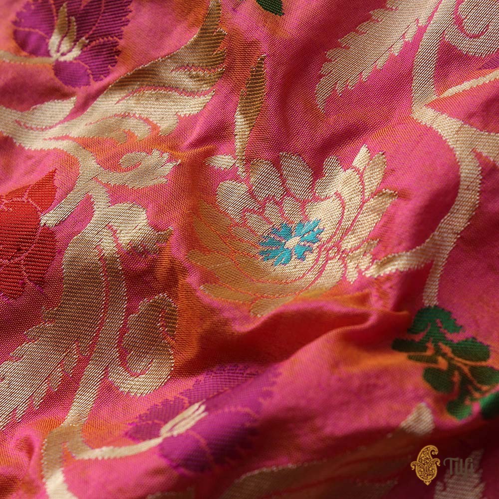 Yellow-Gulabi Pink Pure Katan Silk Banarasi Handloom Dupatta