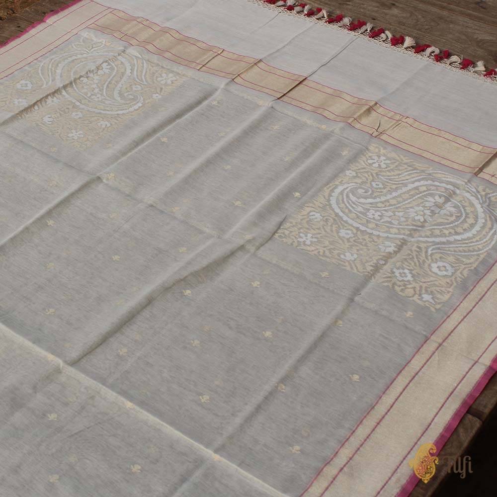 White Pure Cotton Banarasi Jamdani Handloom Dupatta